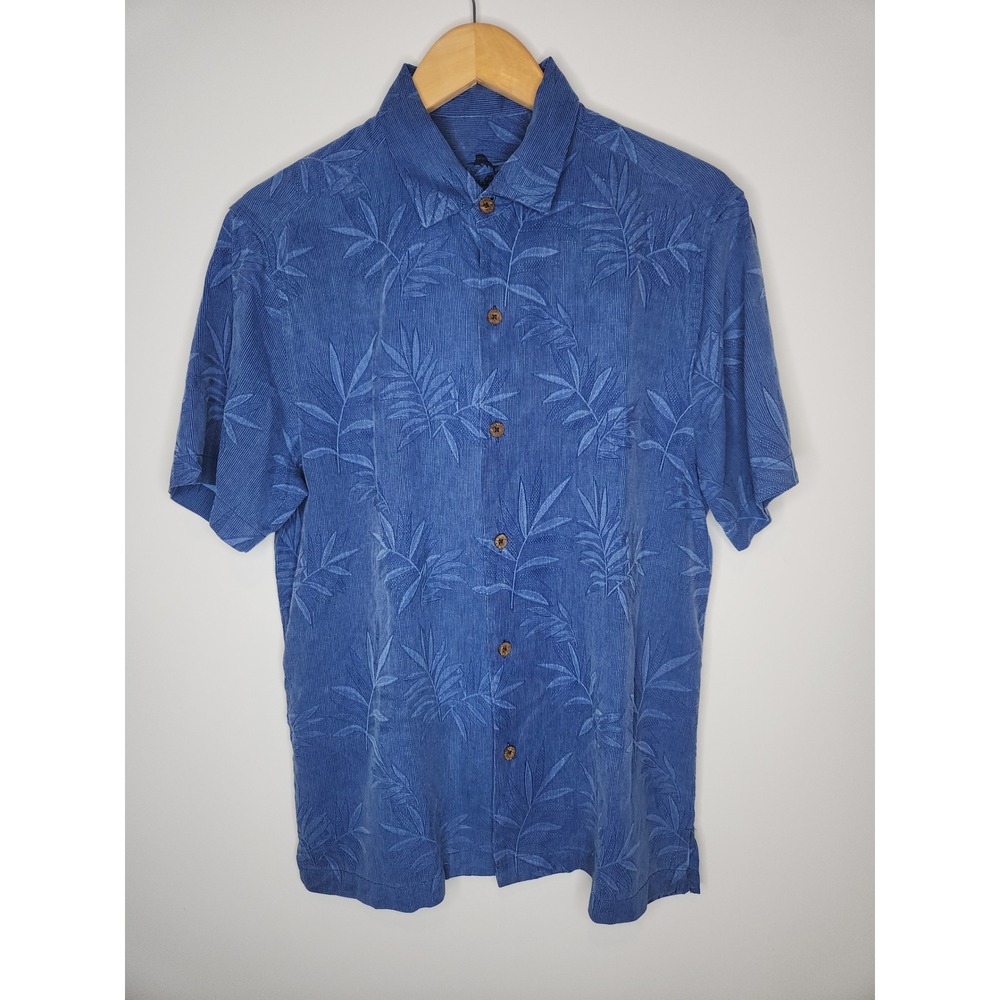 Tommy Bahama Mens Blue Silk Luau Floral Camp Shirt Medium Standard Fit Vacation